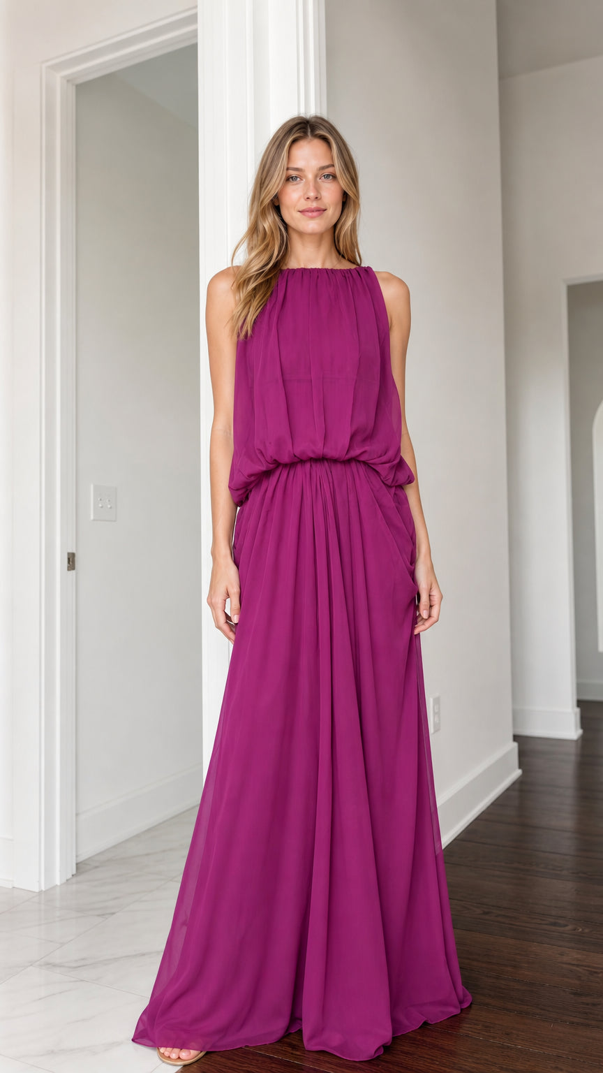 Front view of woman wearing magenta sleeveless high neck blouson maxi dress