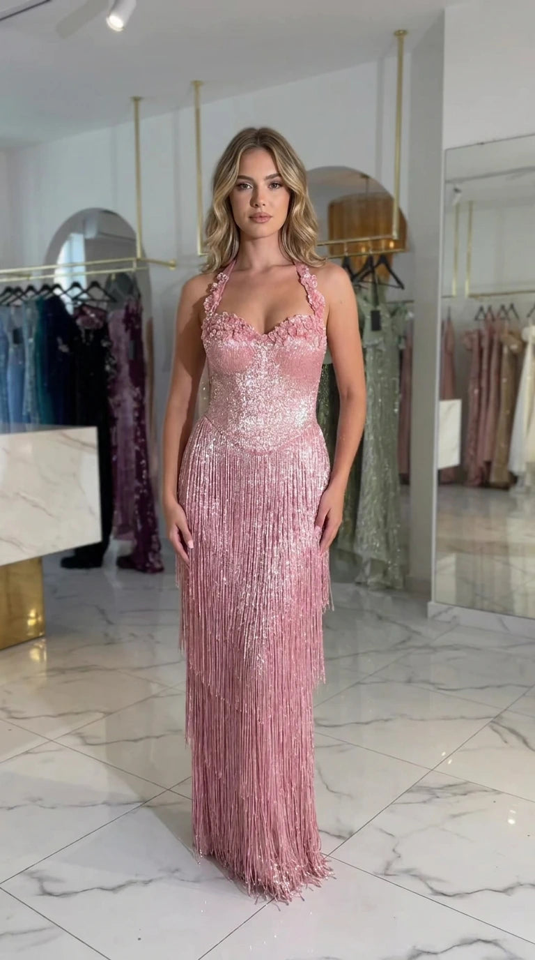 Dusty Rose halter neck corset maxi dress with 3D floral details and fringe skirt front view