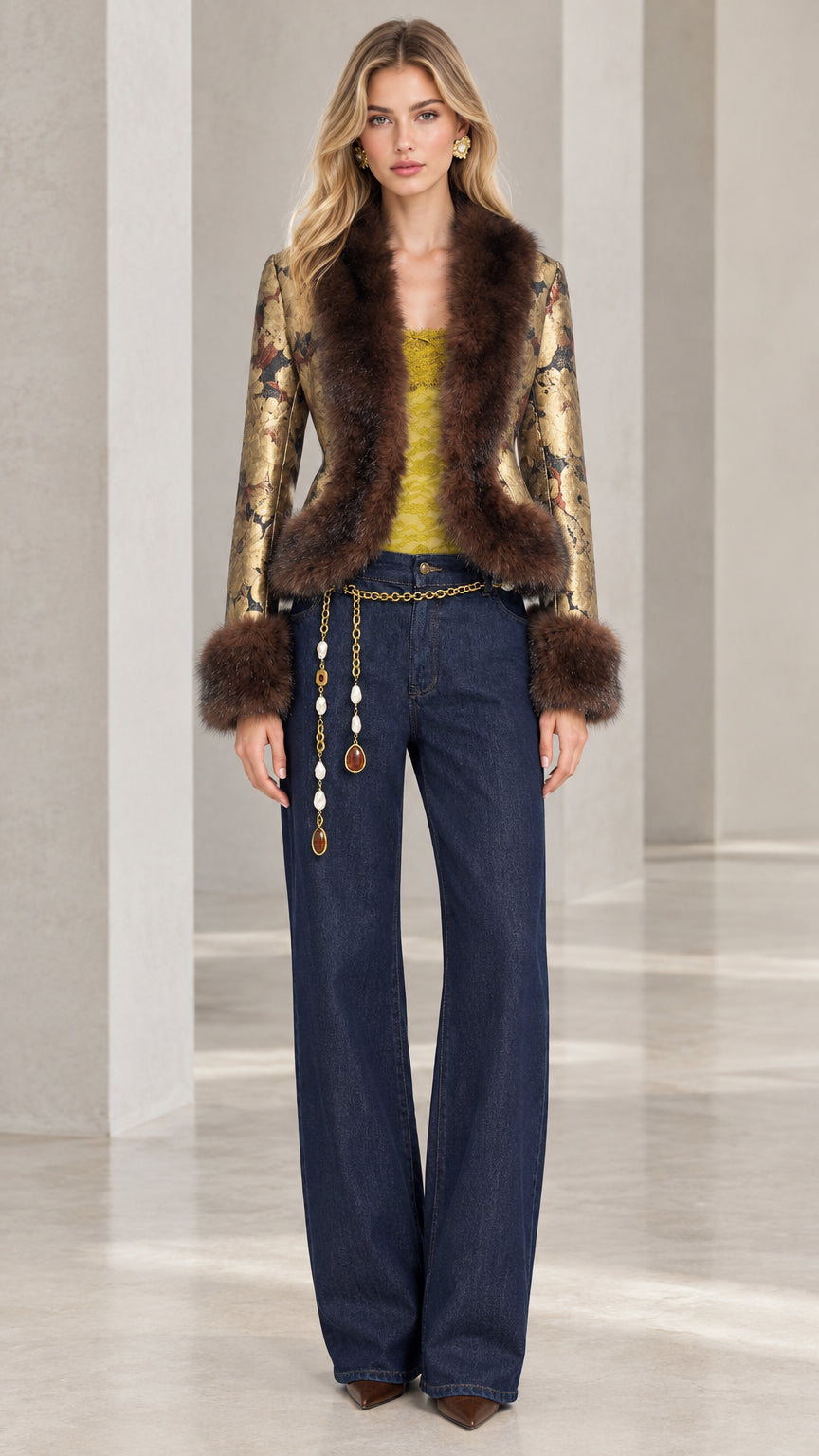 Model wearing gold floral jacquard blazer with brown faux fur trim front view