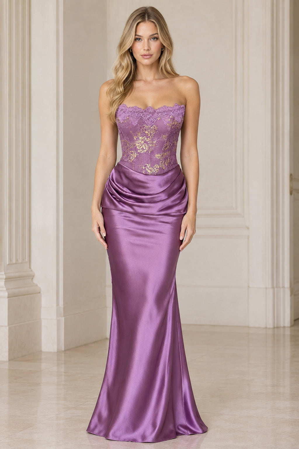 Purple strapless evening gown with gold embroidered lace corset and draped satin mermaid skirt - front view