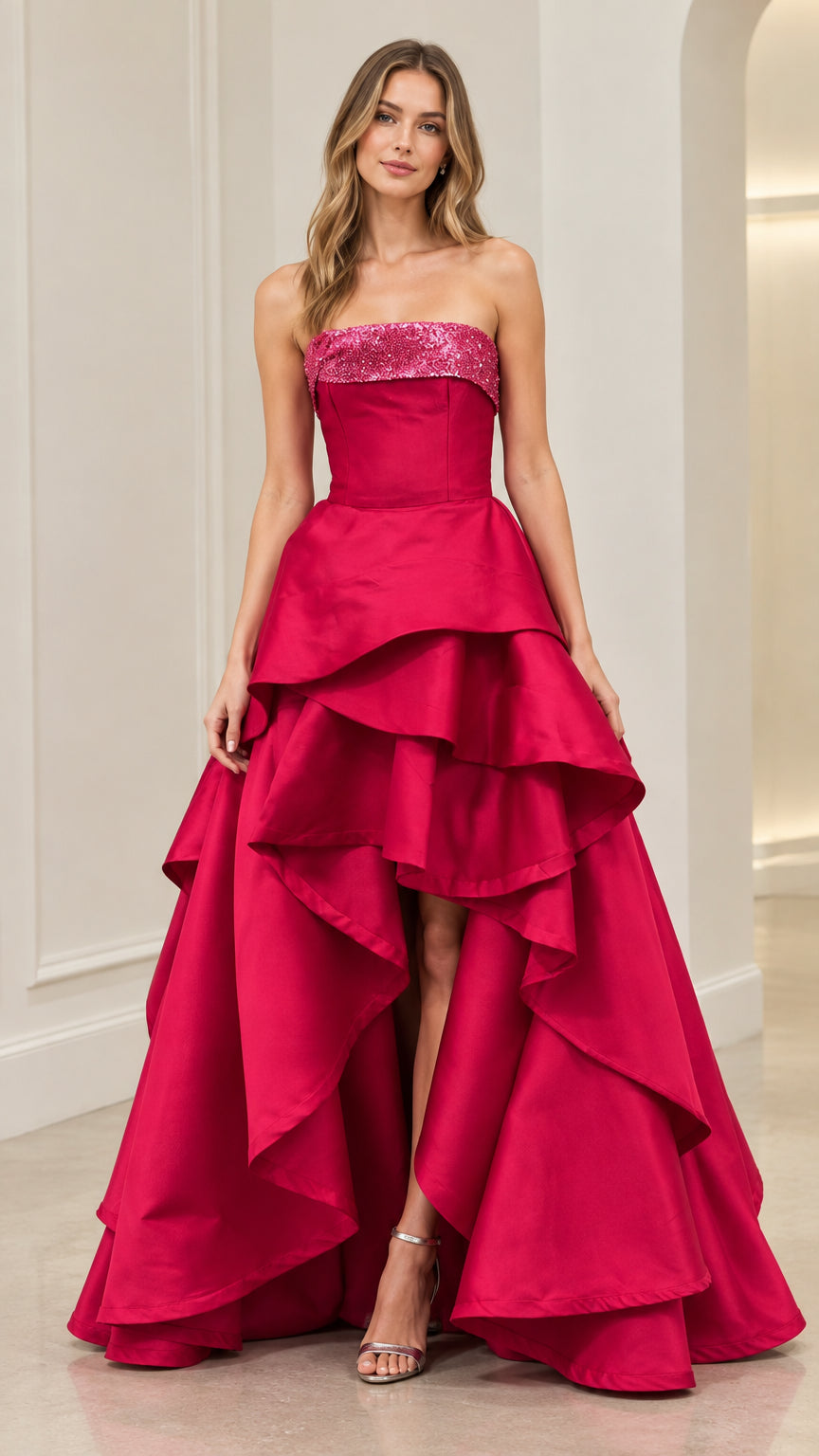 Front view of model wearing Fuchsia strapless sequin-trim tiered high-low ball gown