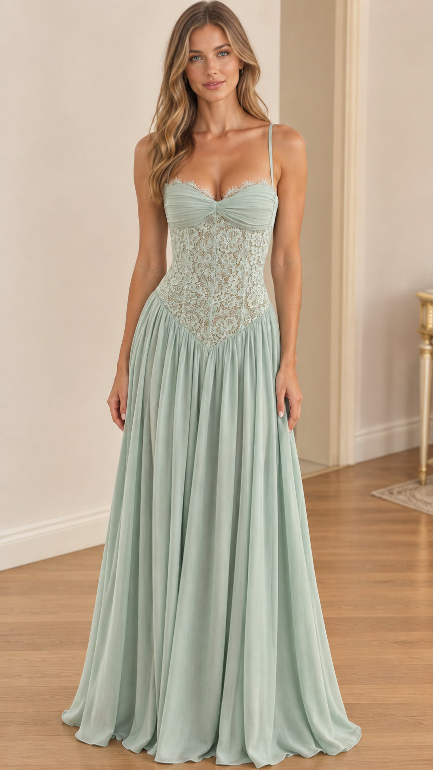 Front view of model wearing sage green lace corset maxi dress with spaghetti straps
