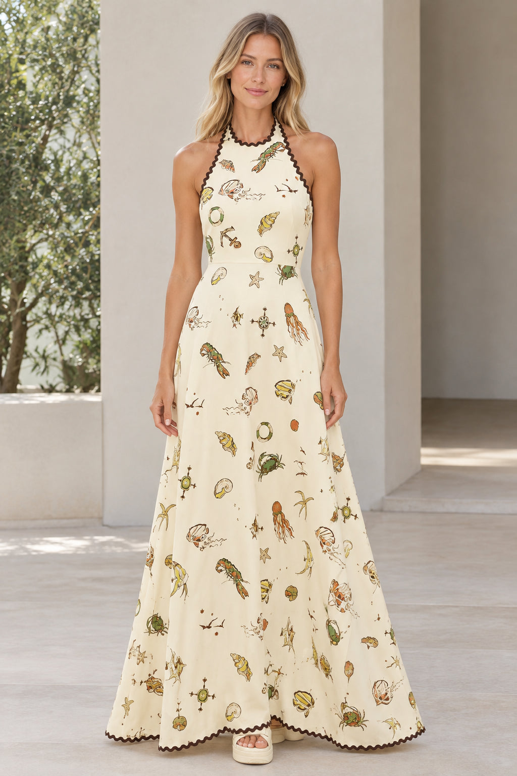 Full front view of model wearing cream marine print halter maxi dress with ric-rac trim