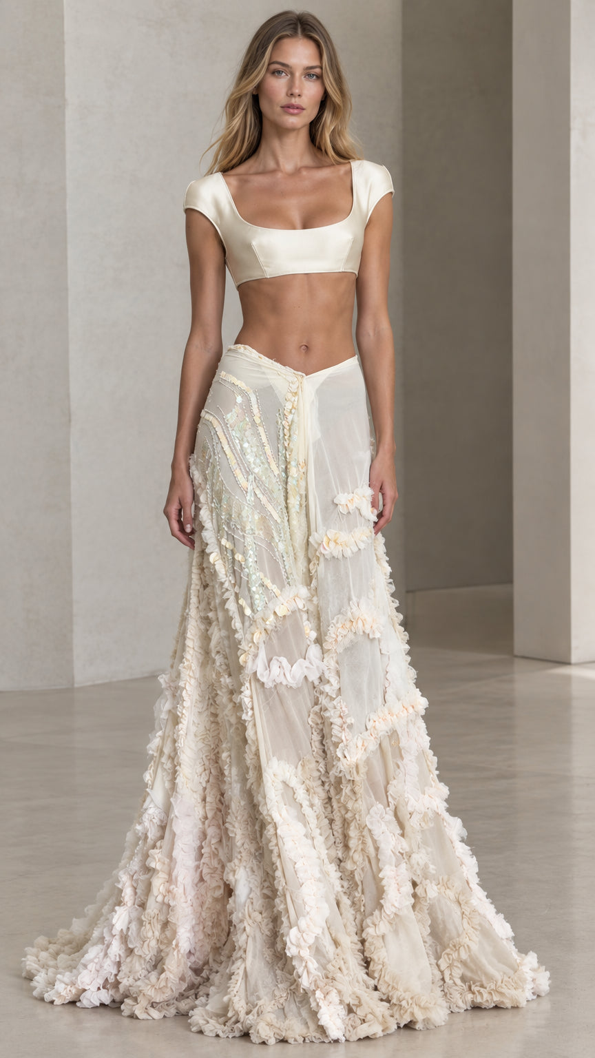 Front view of model wearing ivory two-piece satin crop top and ruffled maxi skirt