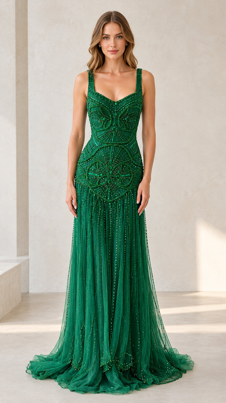 Emerald green beaded sleeveless maxi evening gown front view