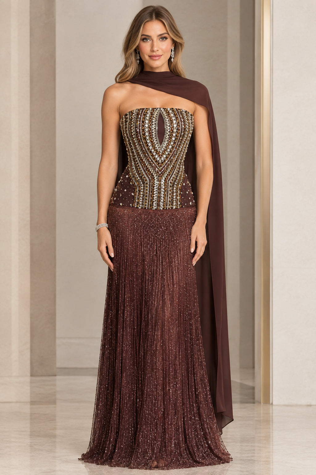 Strapless beaded corset evening gown in chocolate brown with back cape scarf front view