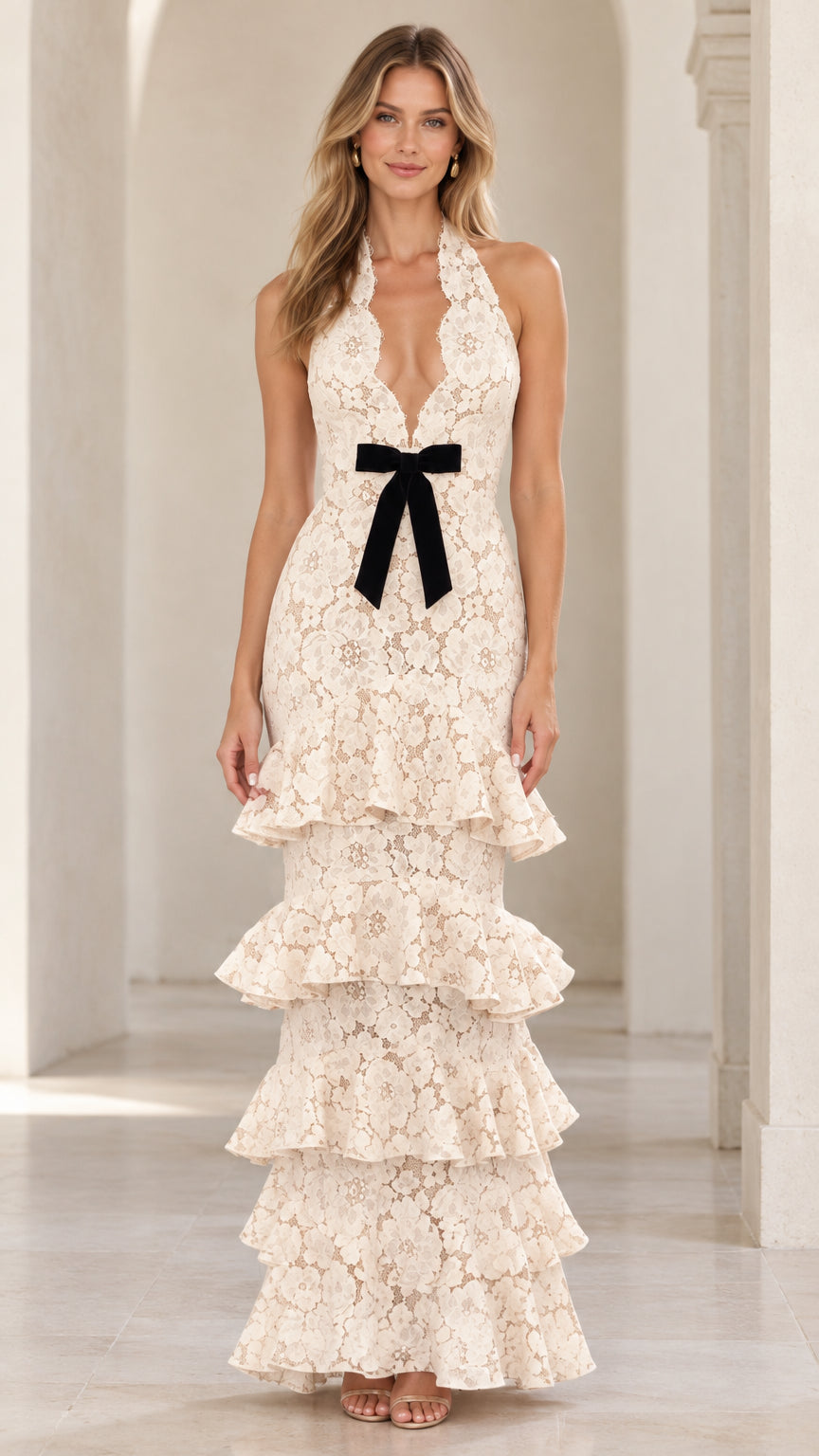 Cream floral lace halter maxi dress with plunge neckline and black velvet waist bow front view