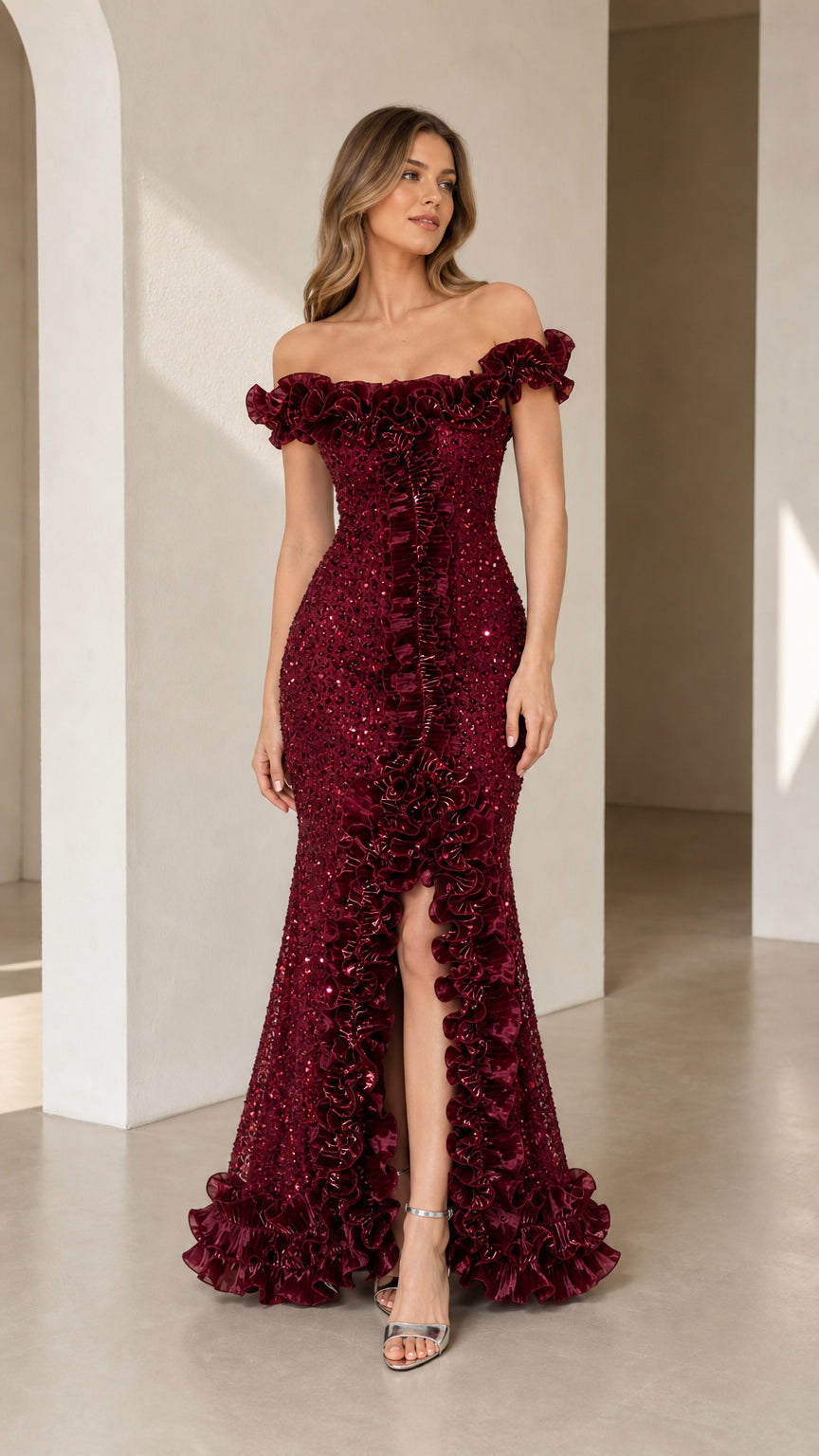 Burgundy off-the-shoulder sequin mermaid evening gown with ruffle trim front view