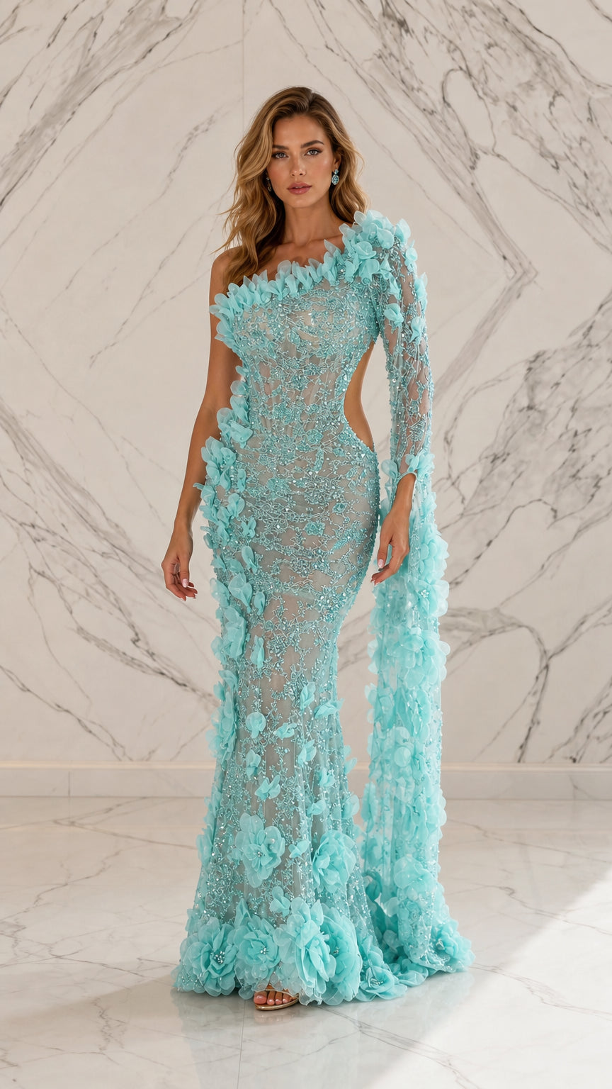 Front view of light blue one-shoulder 3D floral applique evening dress