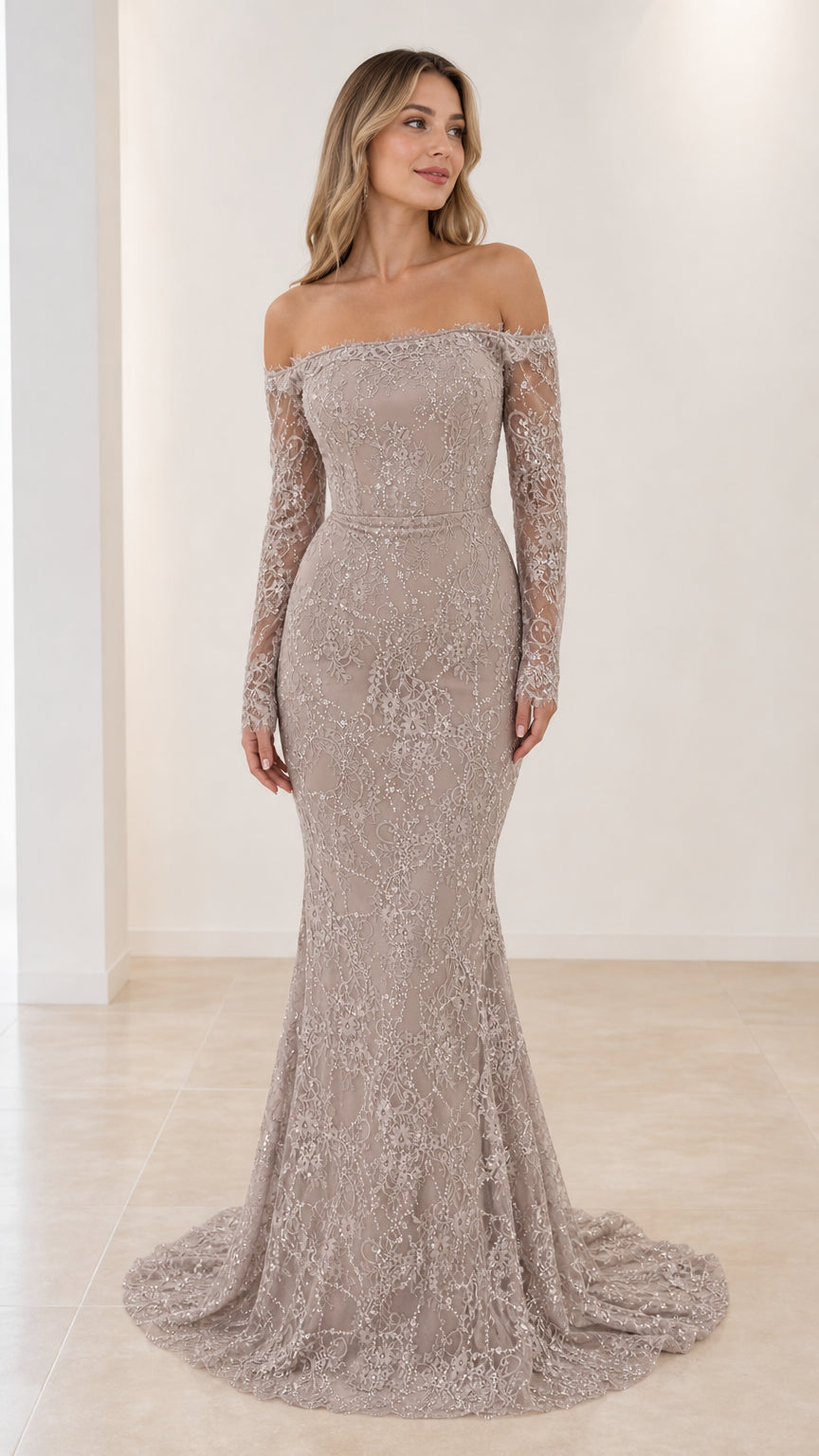 Front view of model wearing Silver Gray off-the-shoulder sequin lace mermaid evening gown with train