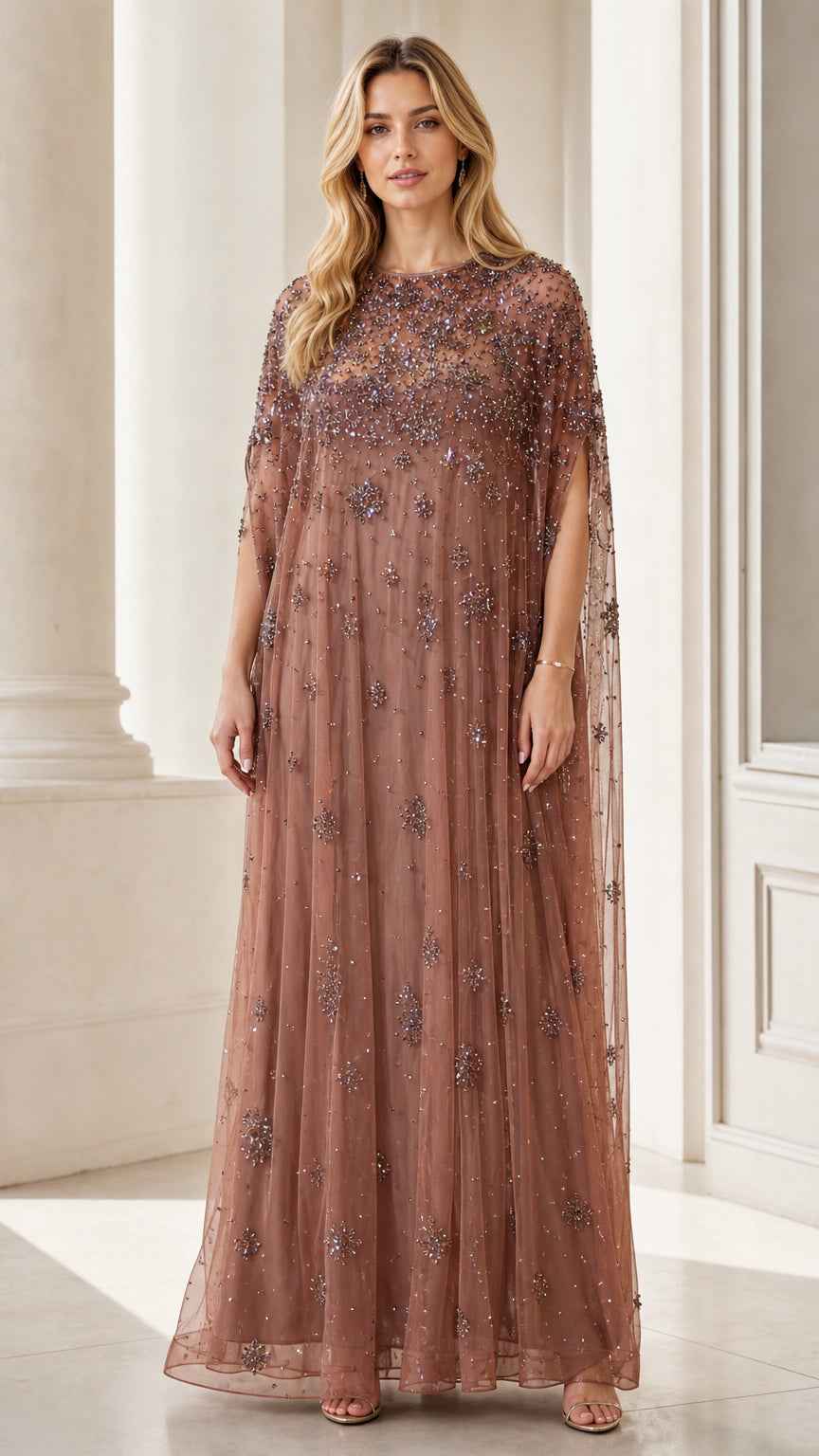 Front view of dusty rose beaded mesh cape maxi dress