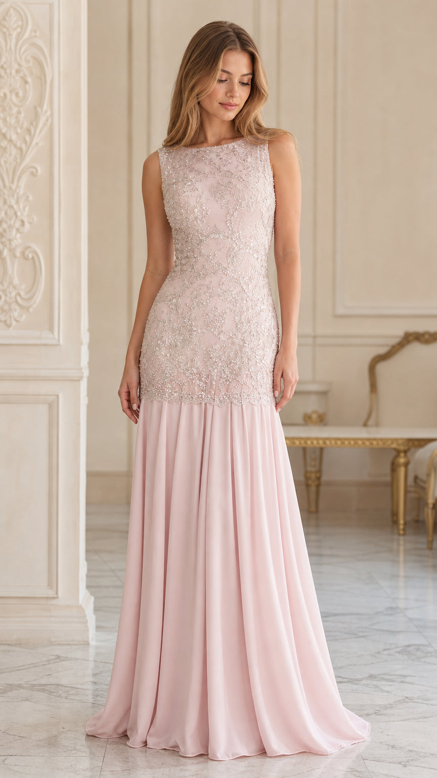 Front view of woman wearing blush pink sleeveless sequined lace maxi evening gown