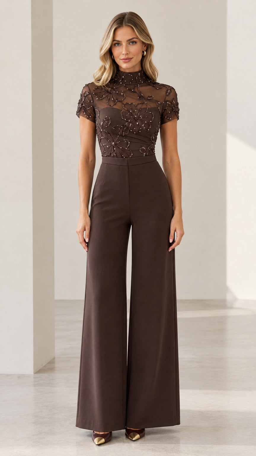 Front view of woman wearing chocolate brown sequin embroidered wide-leg formal jumpsuit