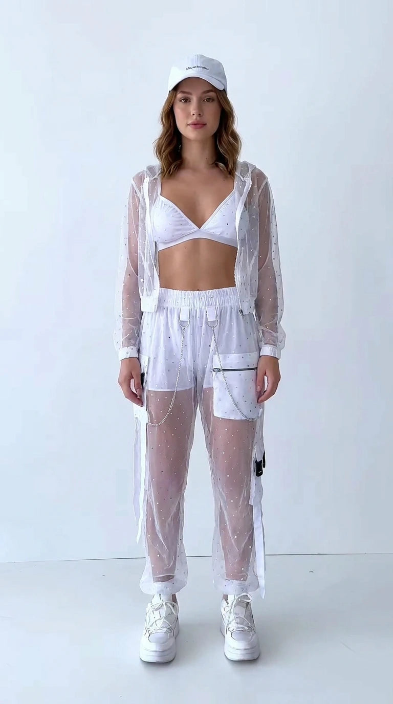 White sparkle sheer mesh hooded jacket and cargo pants set front view