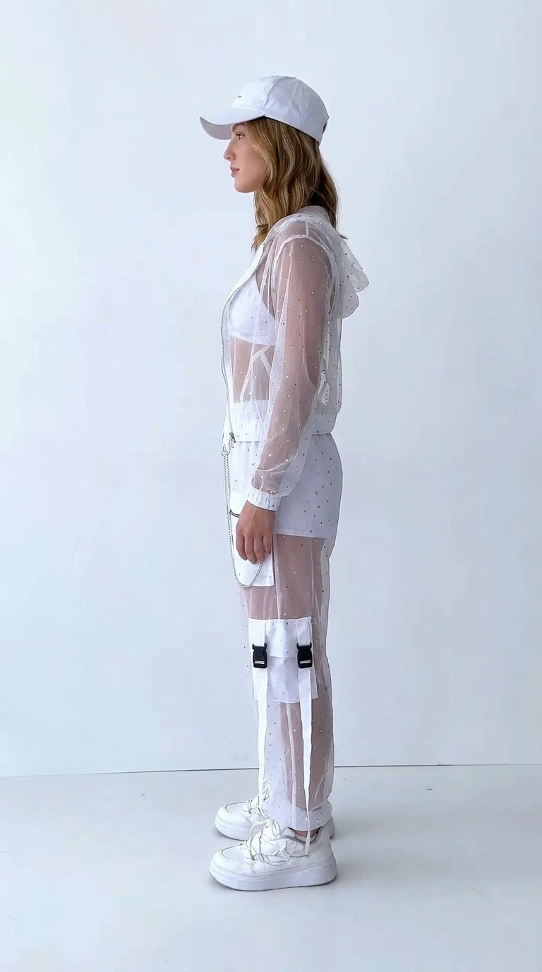 Side profile of white sheer mesh festival cargo set with buckle straps