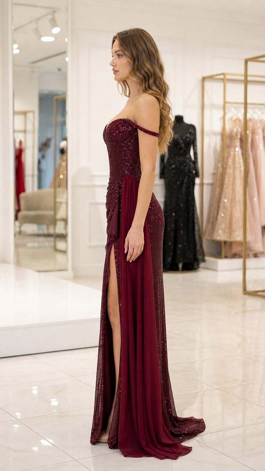 Side profile of burgundy sequined formal gown showing side drape and split