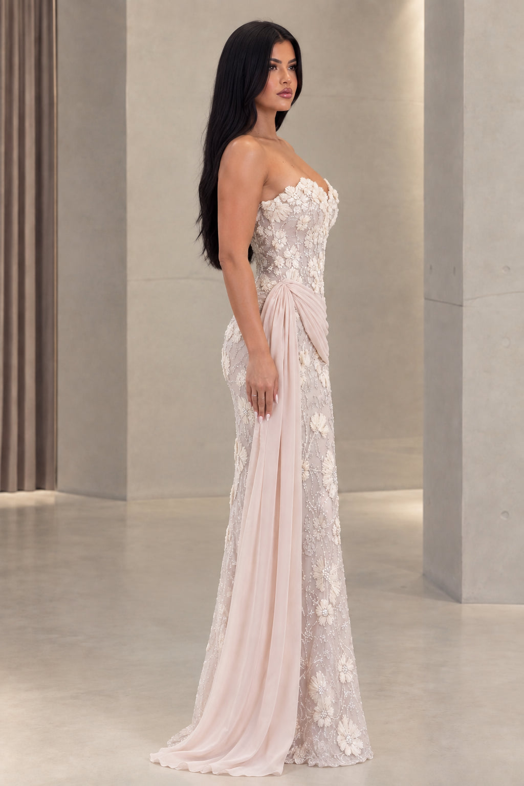 Blush pink strapless embroidered formal dress side angle view