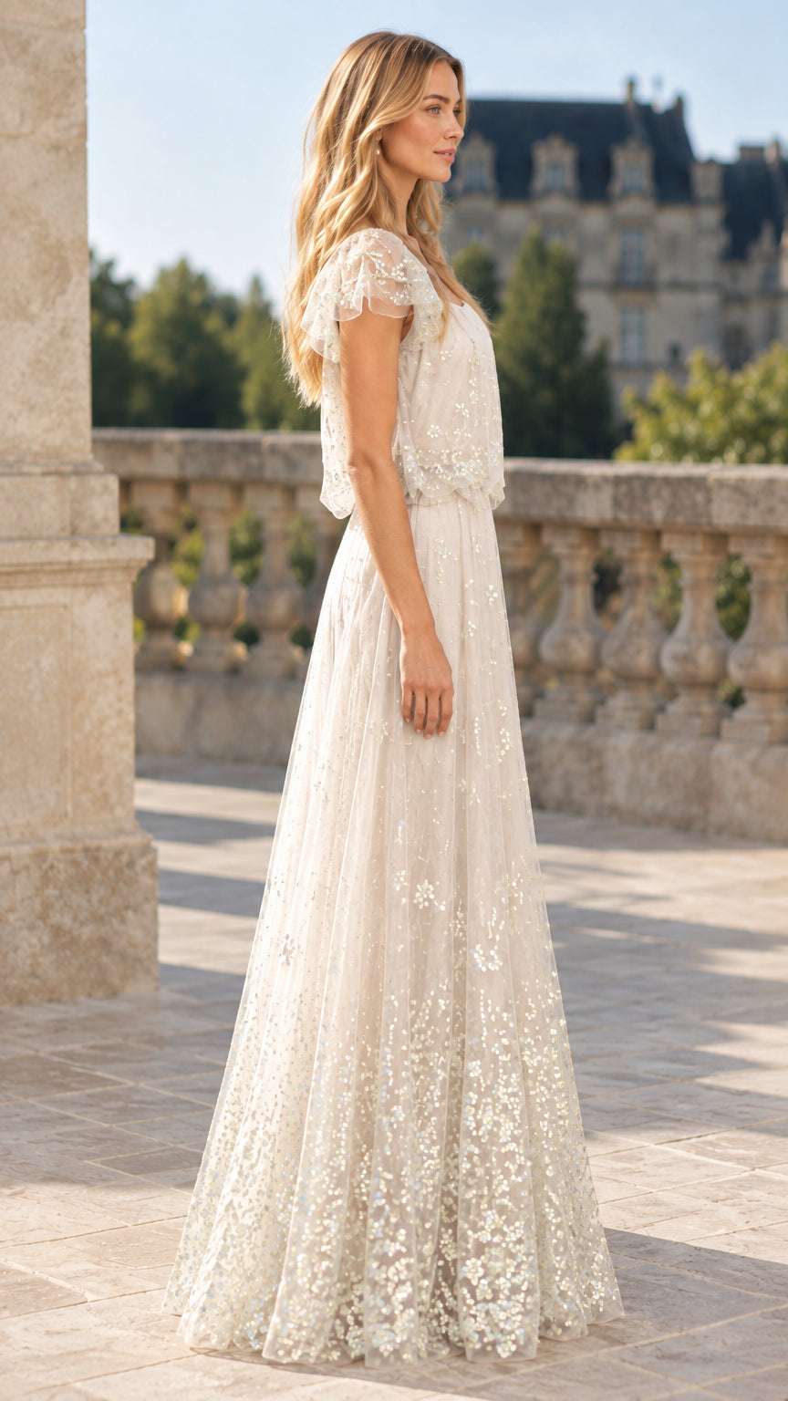 Side profile of woman wearing champagne floral sequin evening gown