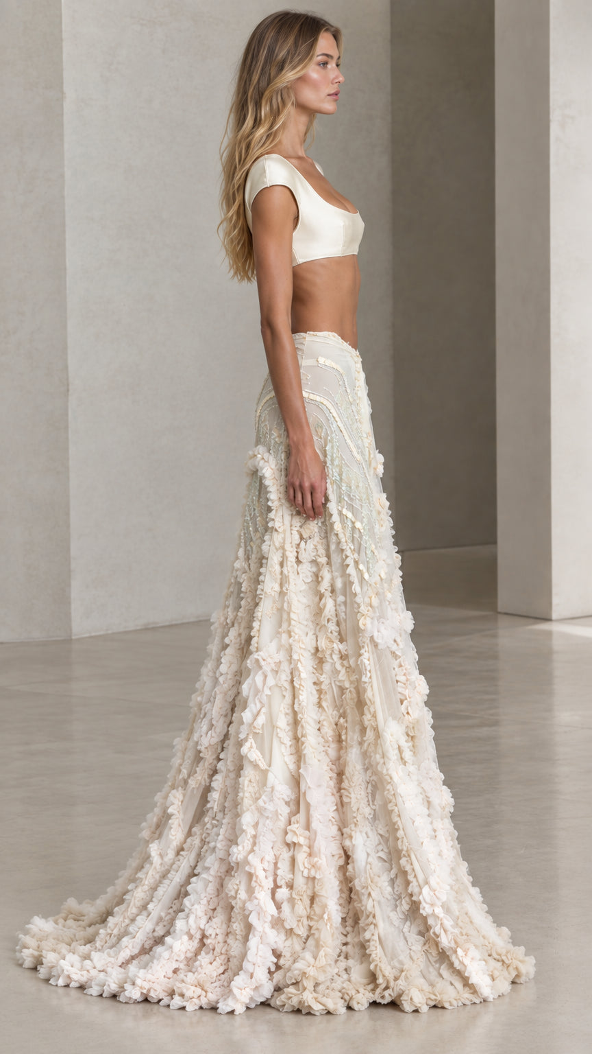 Side view of model showing silhouette of ivory two-piece evening set