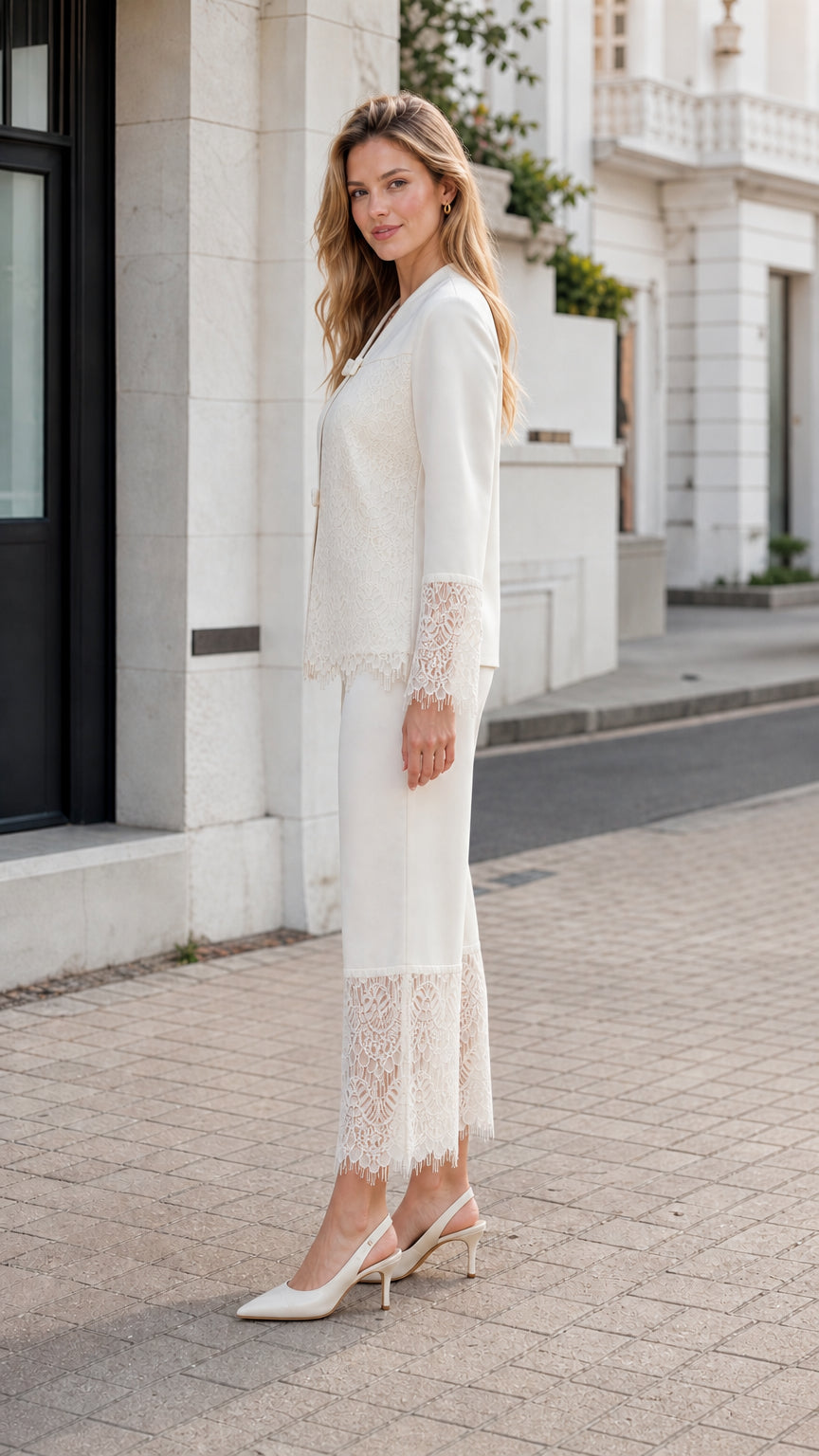 Side full view of woman in ivory long-sleeve lace hem matching pant set