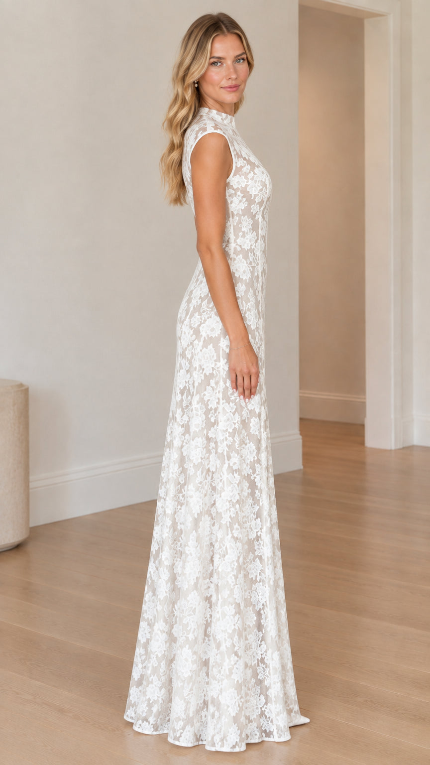 Model wearing white floral lace maxi dress side profile view