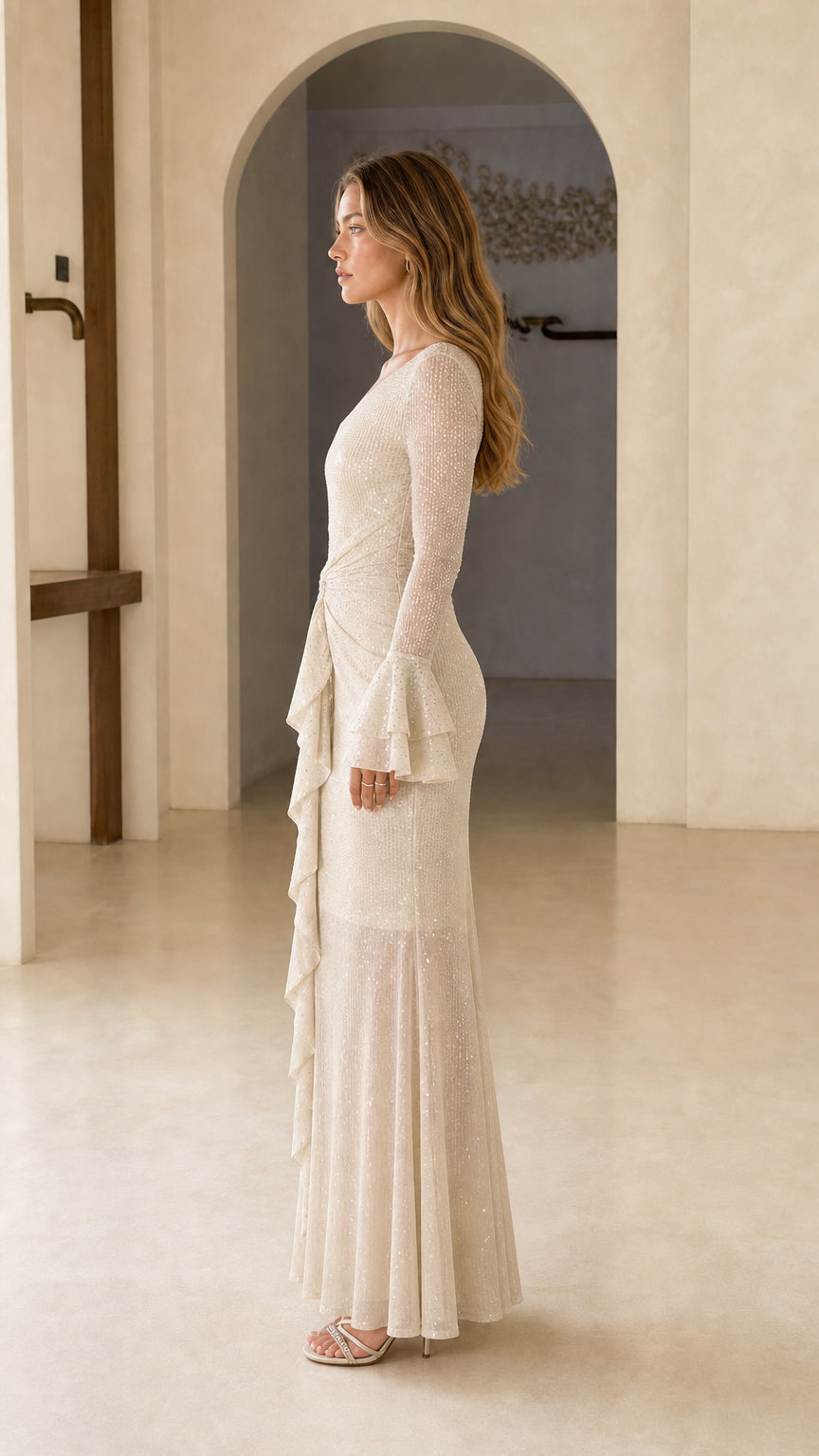 Champagne shimmer evening dress side profile view