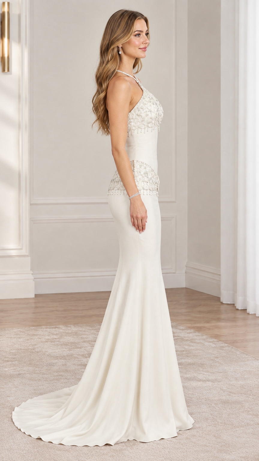 Side profile view of ivory beaded halter formal dress showing silhouette and train
