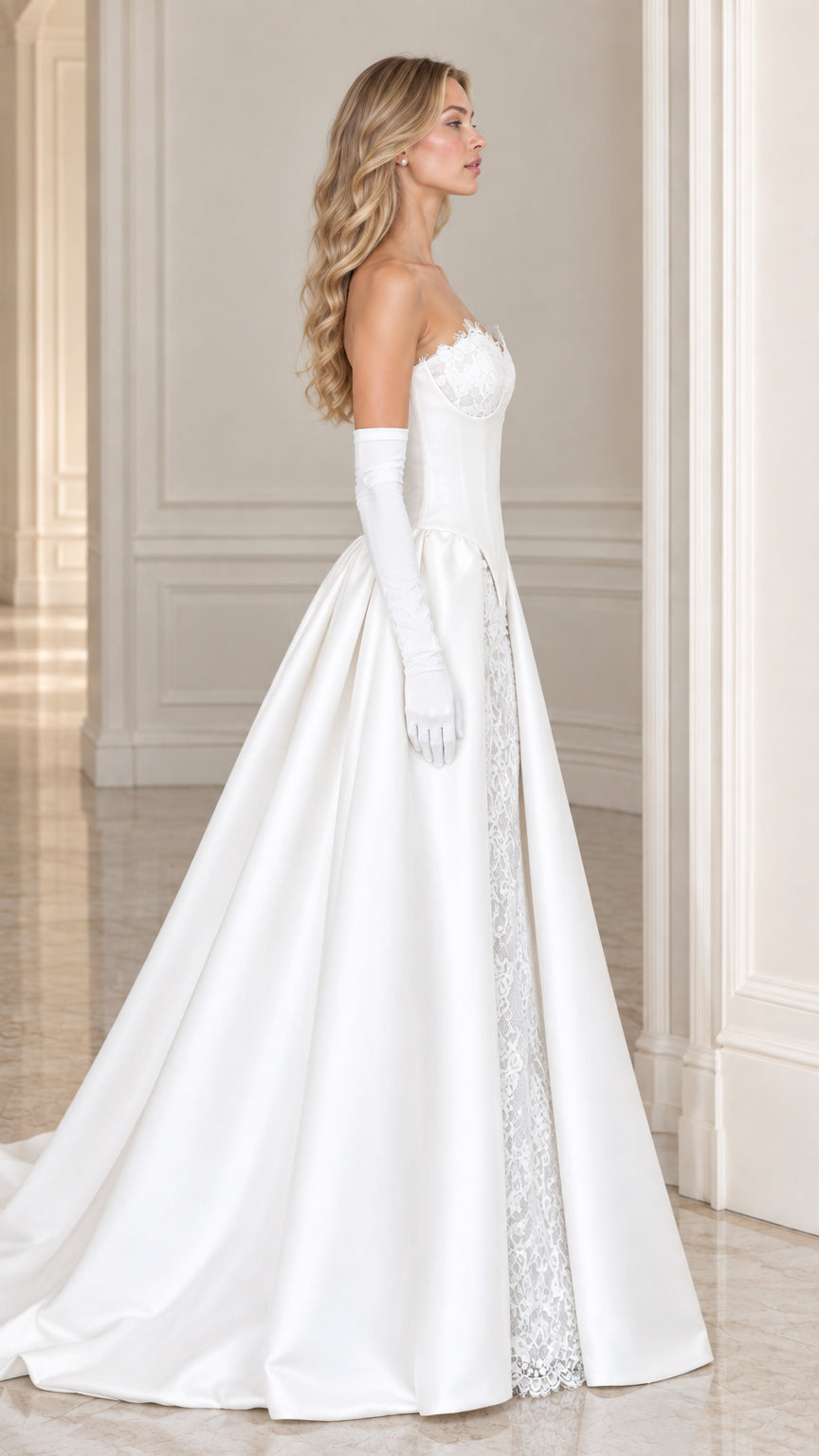 Side profile of model wearing white corset ballgown with sweeping satin train