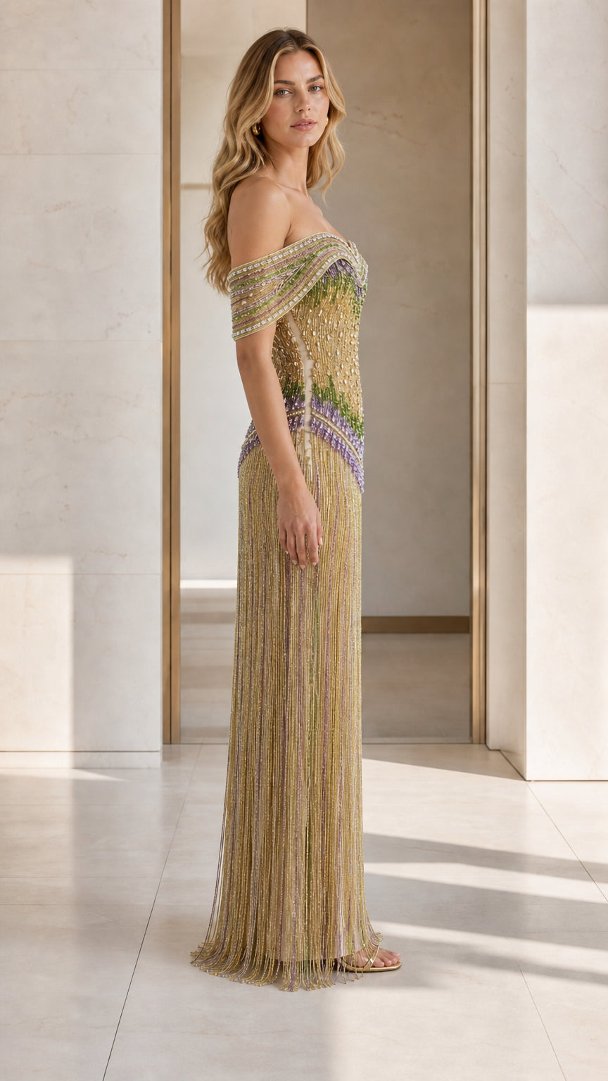 Side view of model in gold beaded long dress