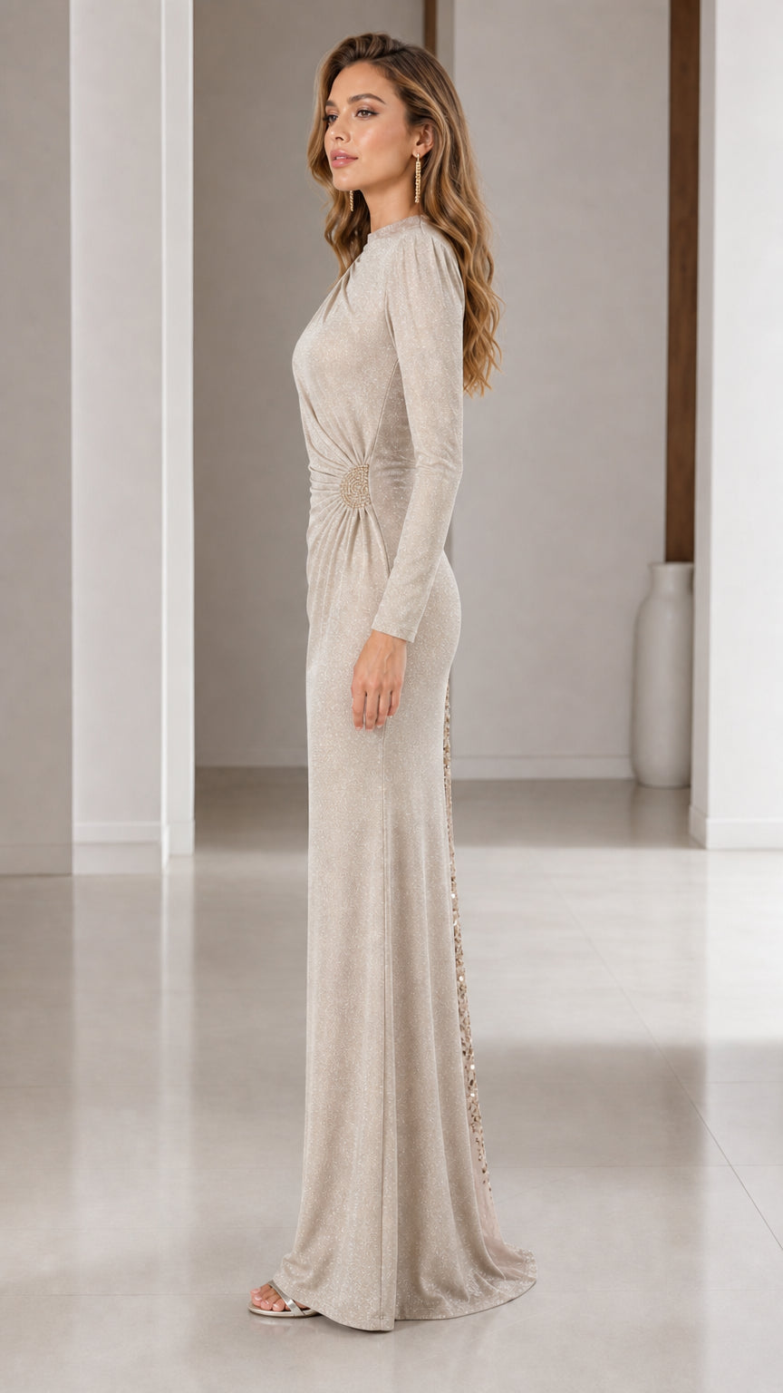 Champagne formal long sleeve maxi dress side profile view