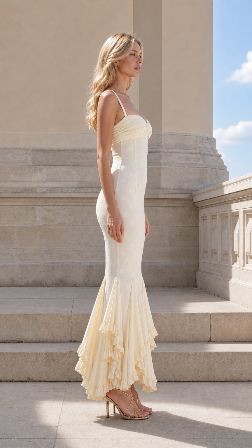 Side view of Cream sleeveless mermaid evening dress showing tailored fit and ruffled flounce hem