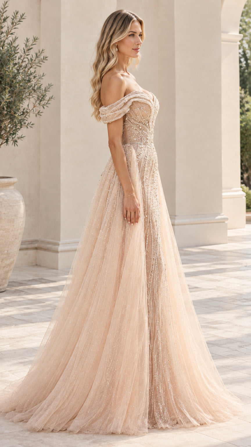 Side profile view of champagne beaded formal gown with tulle train