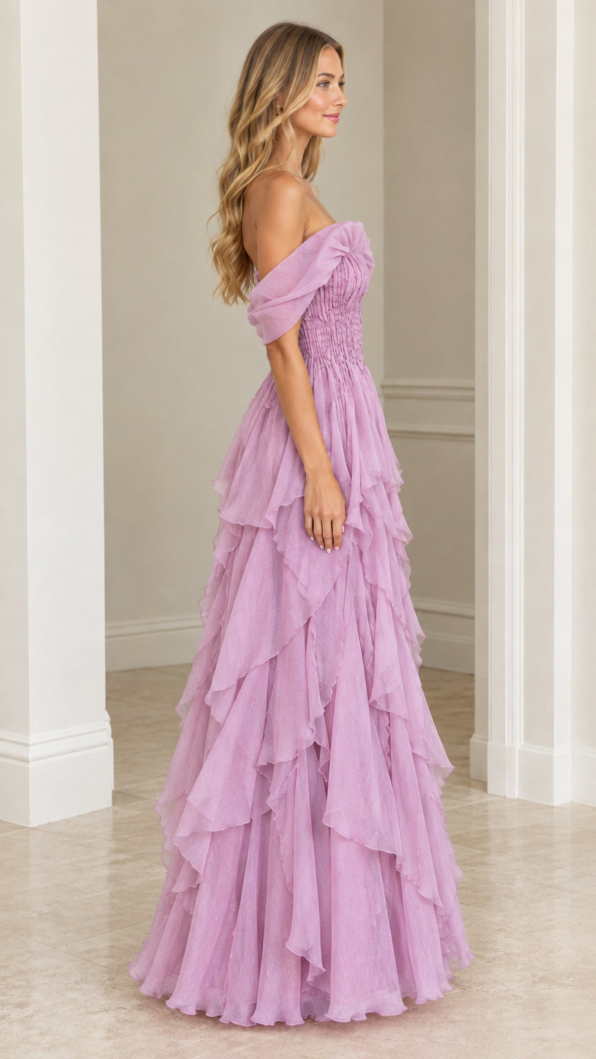 Side profile view of Lilac smocked bodice tiered evening gown