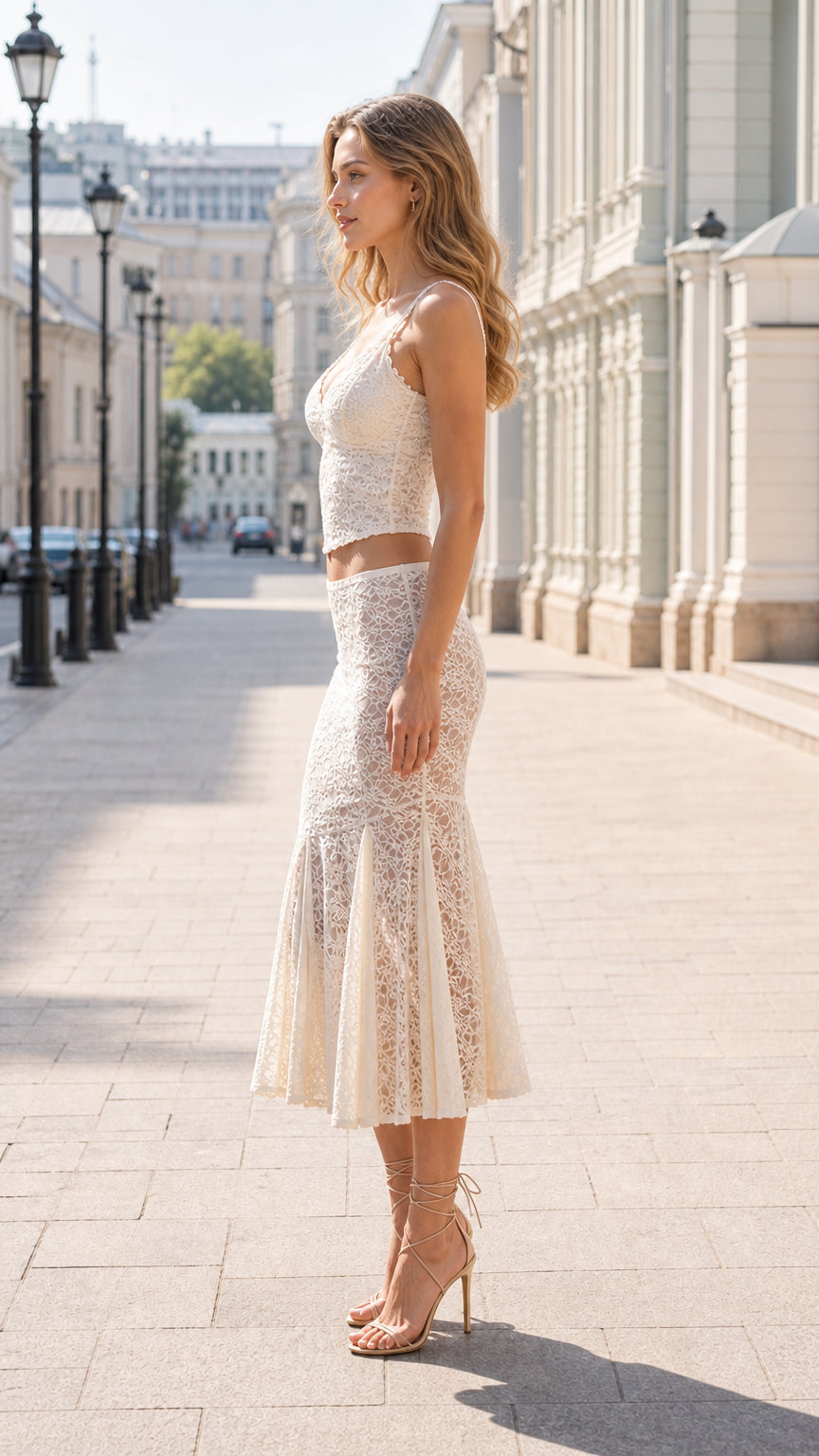 Side view of model wearing cream floral lace matching top and midi skirt