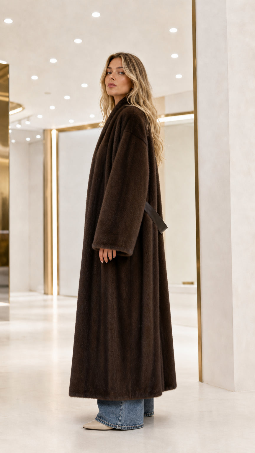 Side profile of model showcasing the length and silhouette of the dark brown faux fur overcoat
