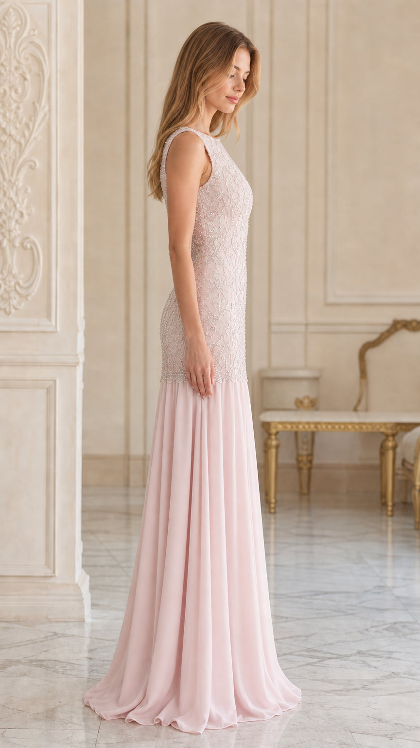 Side profile view of blush pink sequin embroidered formal evening dress
