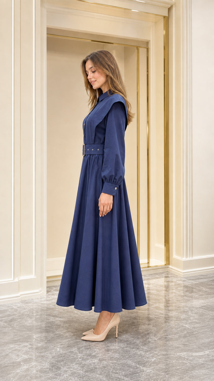 Side profile of navy blue long sleeve shirt maxi dress with full flare skirt