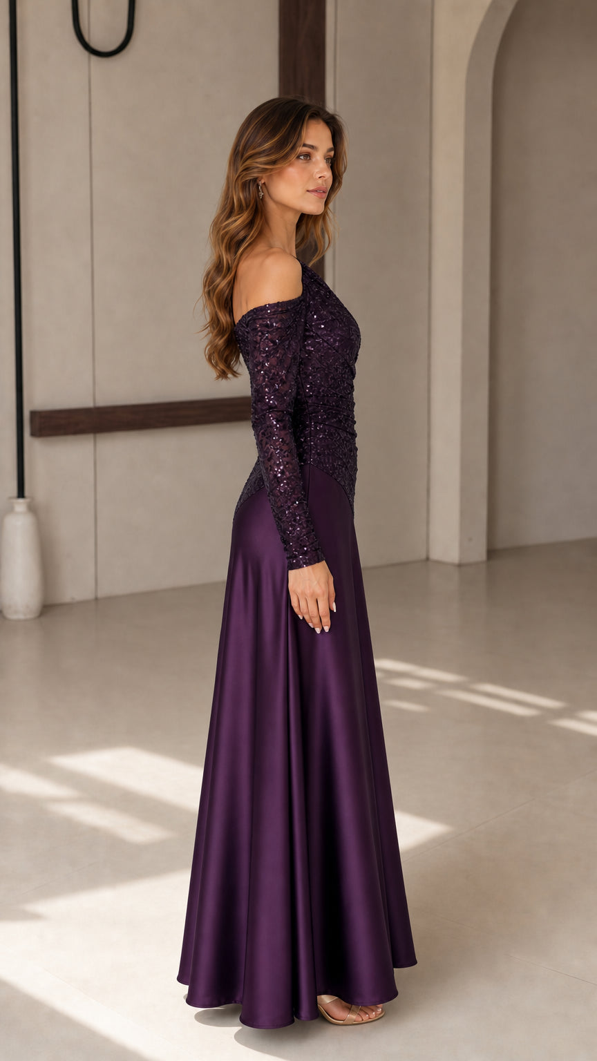 Side angle view of deep purple one-shoulder sequin evening dress