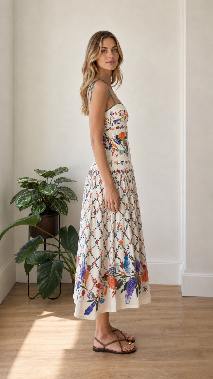 Side profile view of ivory floral midi dress showing relaxed A-line silhouette