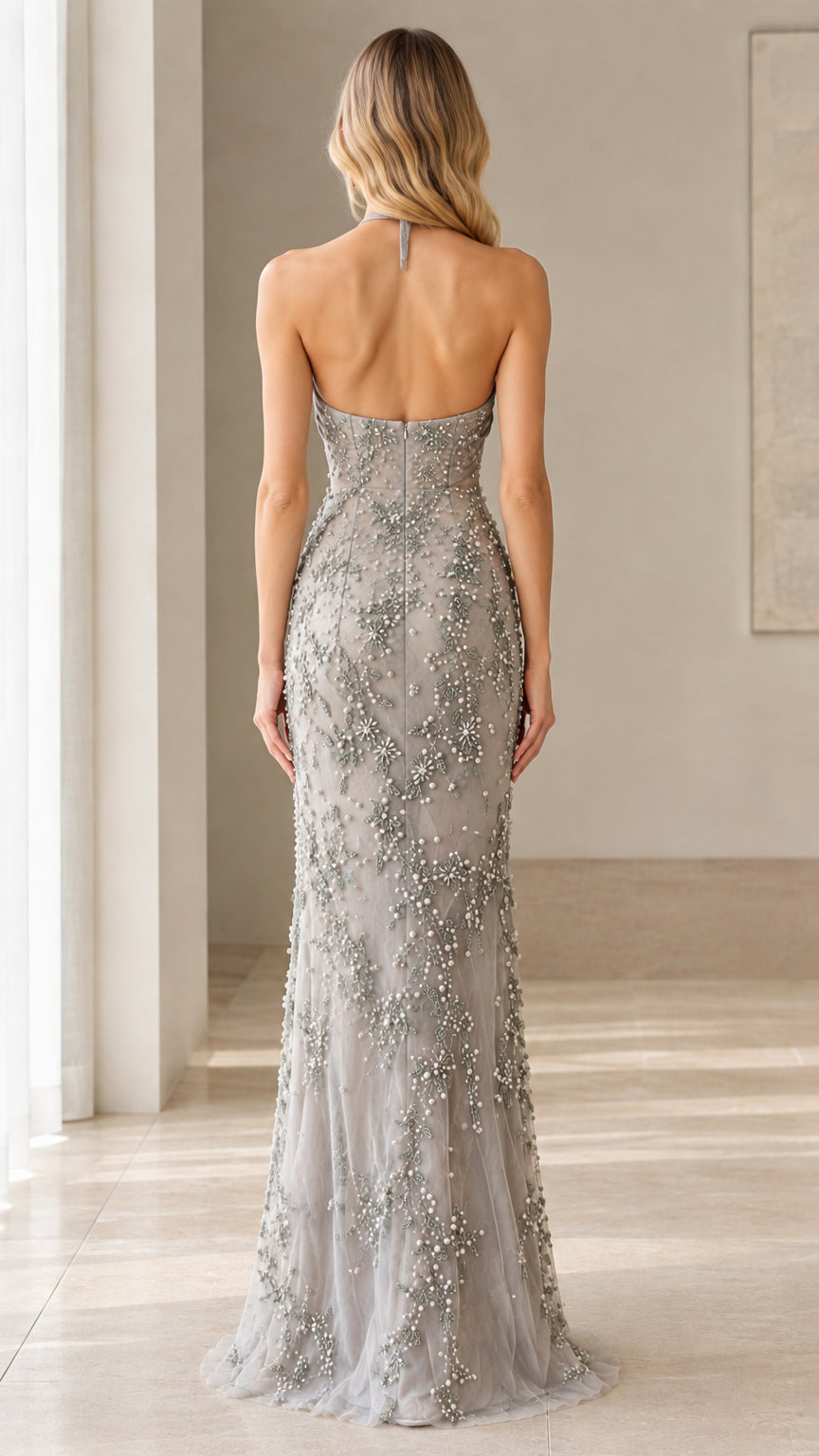 Back view of Silver Grey halter gown showing open back detail