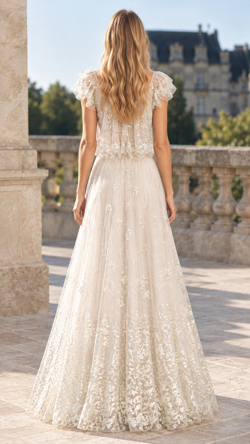 Back view of champagne tulle maxi dress showing gathered bodice and floor length skirt
