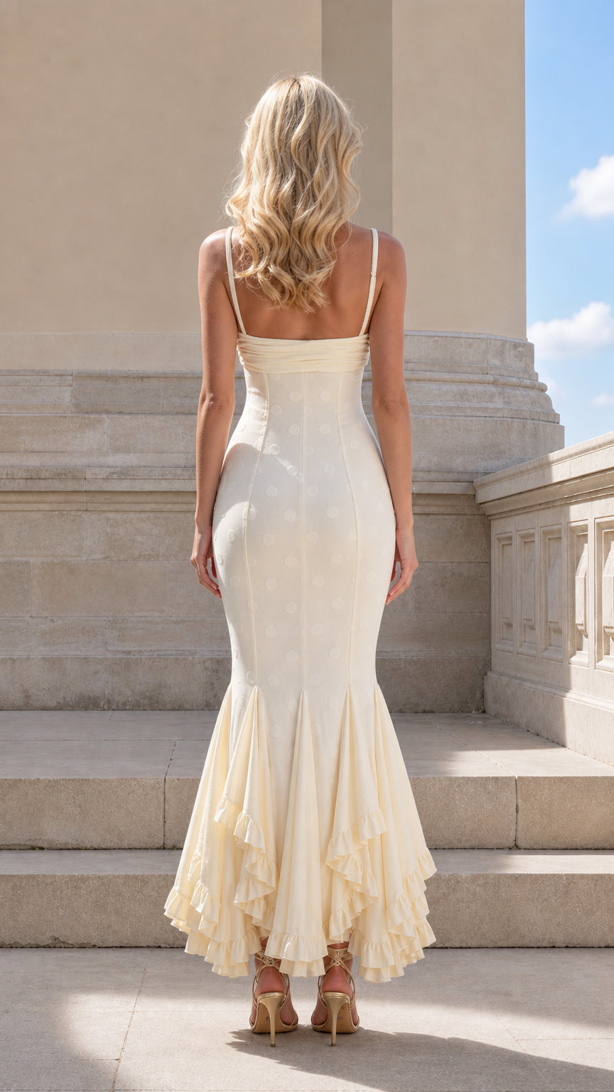 Back view of Cream polka dot textured maxi gown with spaghetti straps and flounced hem