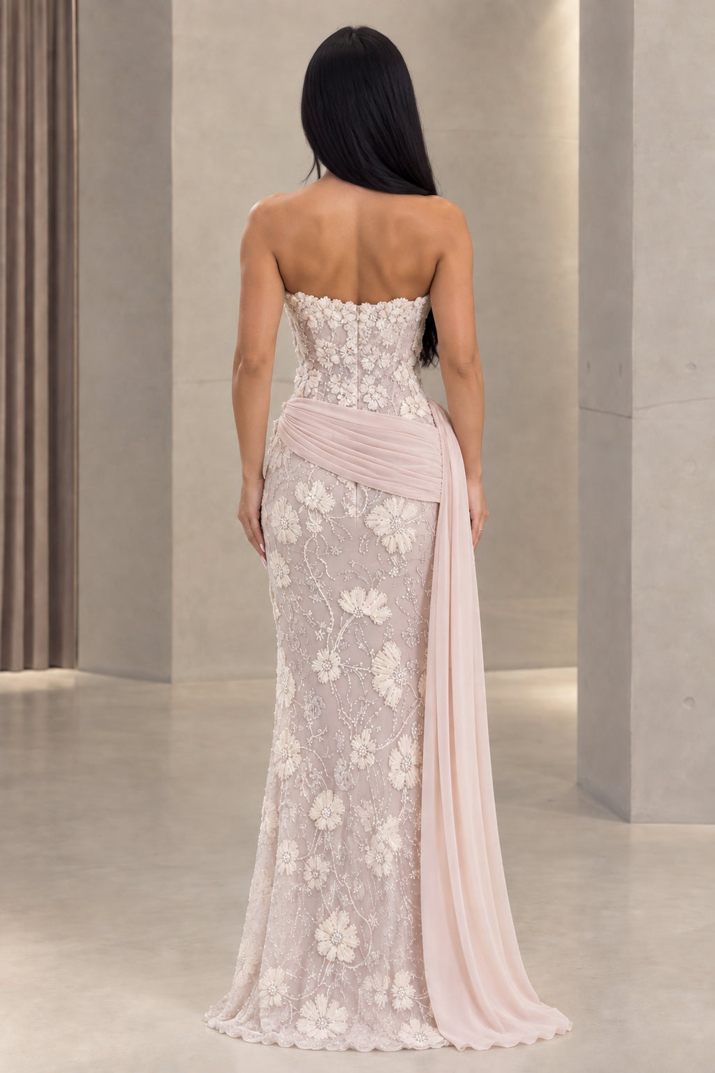 Blush pink strapless backless evening gown back view