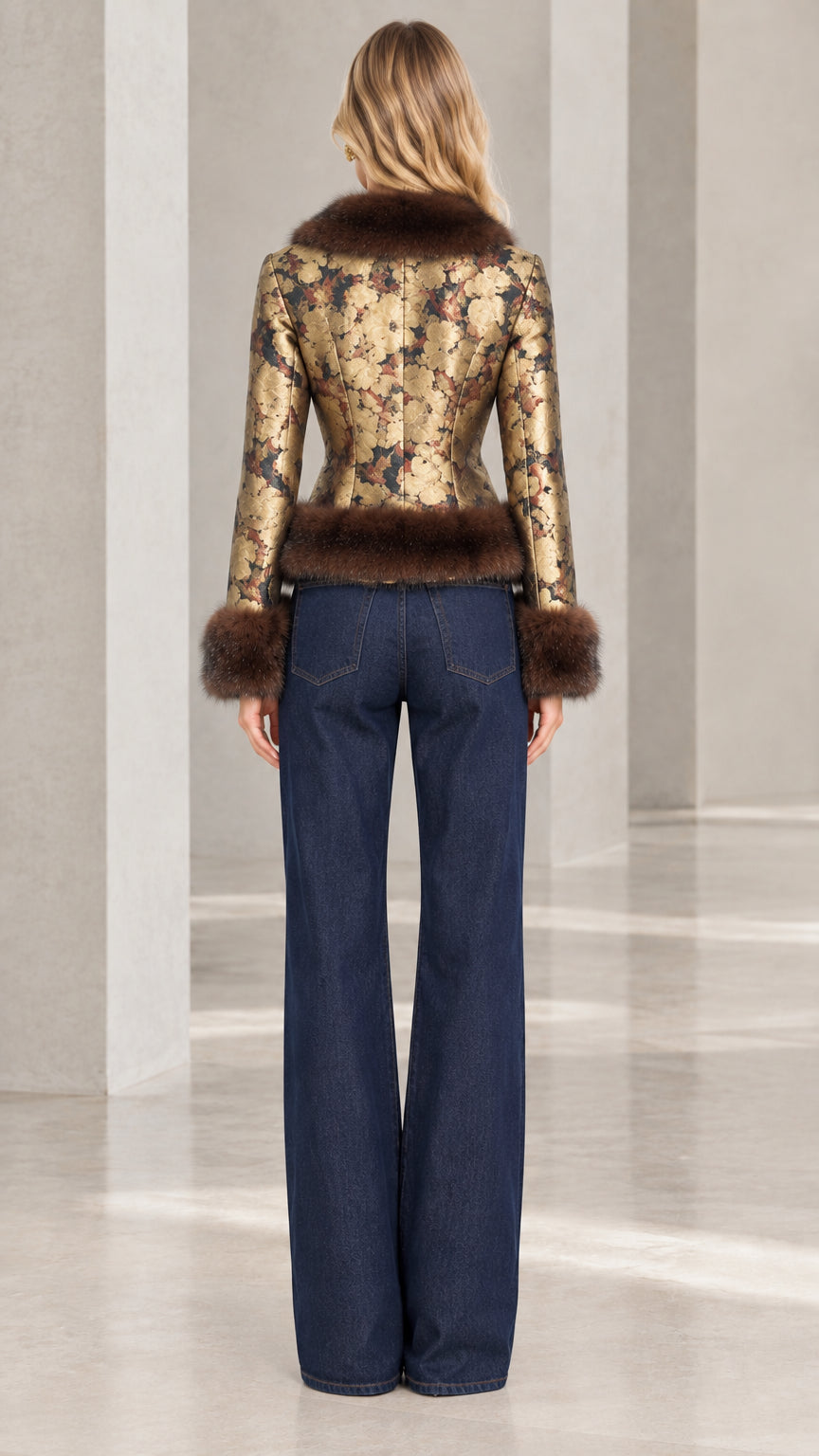 Model wearing gold floral jacquard blazer with brown faux fur trim back view