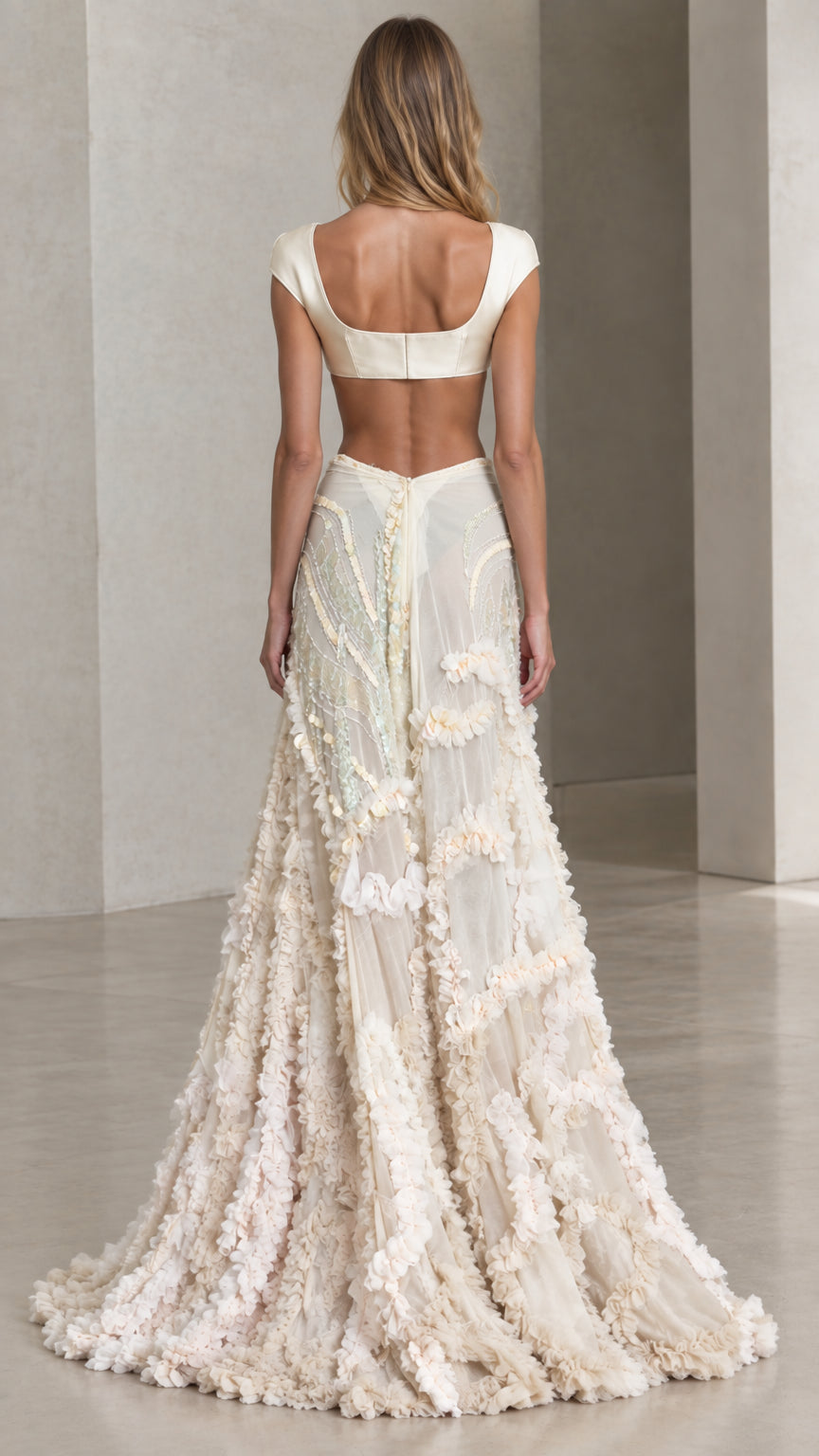 Back view of model wearing ivory cap sleeve crop top and sweeping ruffle skirt