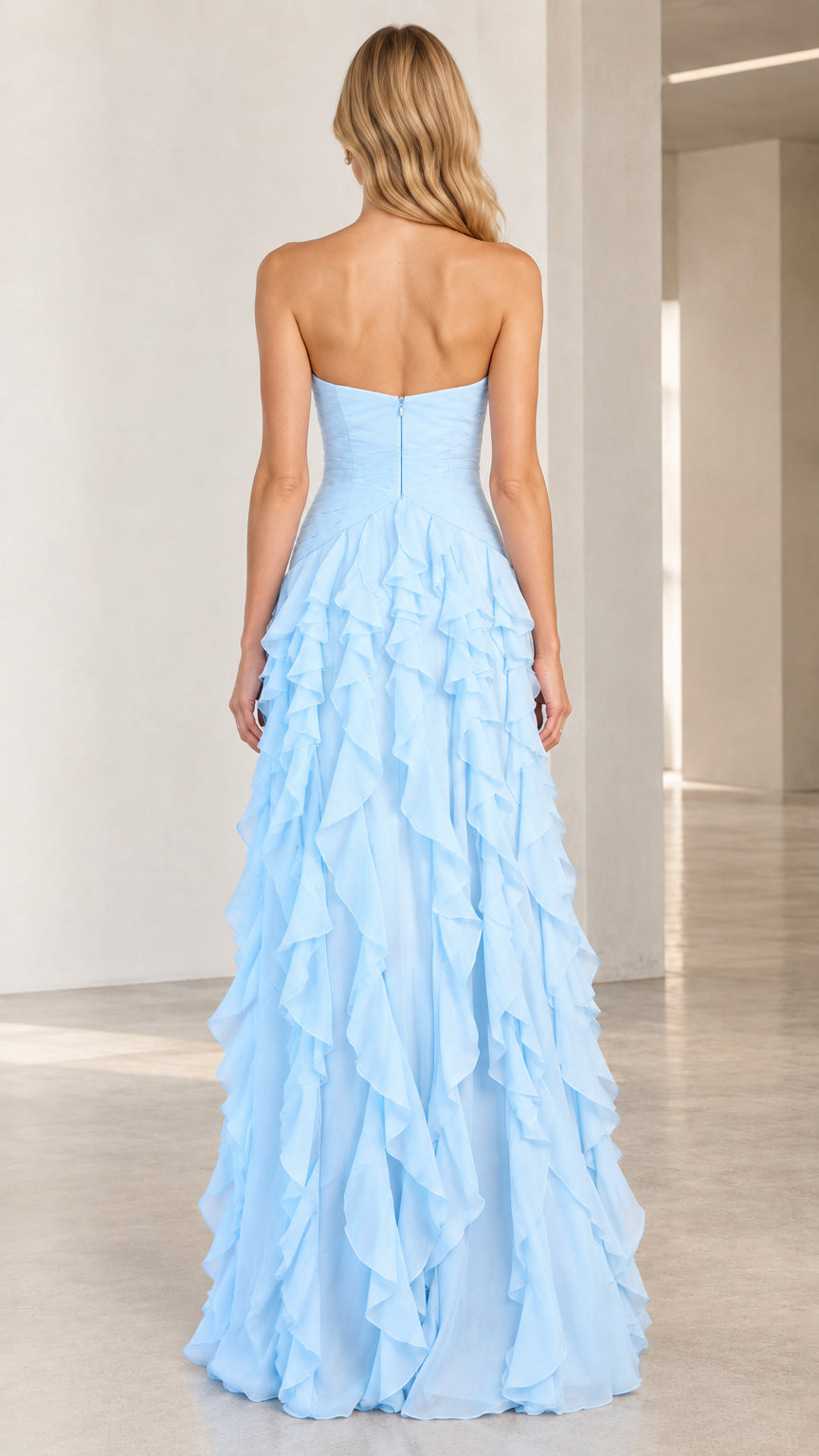 Back view of sky blue strapless formal evening gown