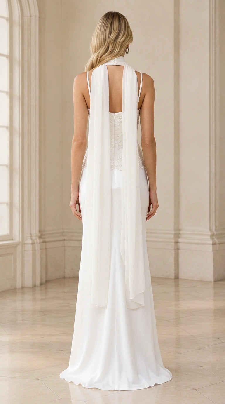 Back view of model wearing white formal dress showing flowing scarf tails