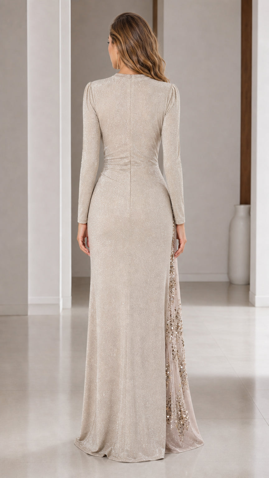 Champagne floor-length formal gown rear view showing sleek silhouette
