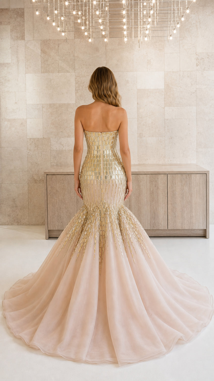 Back view of champagne nude mermaid formal gown showing fitted bodice and flowing train
