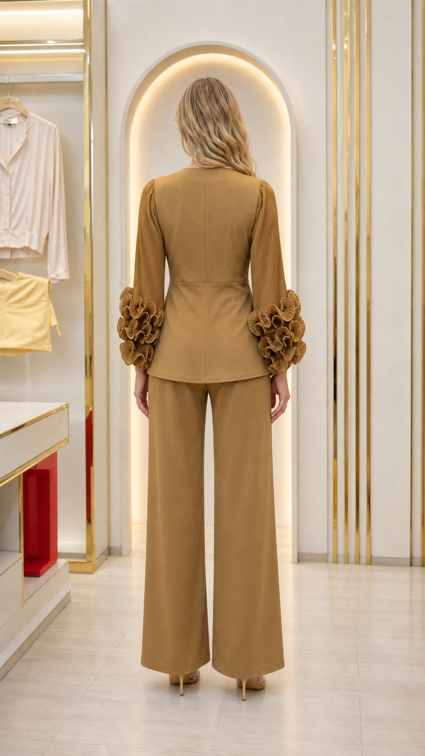 Back view of camel tailored evening suit set